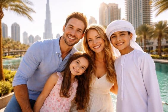 Family in front of Dubai skyline
