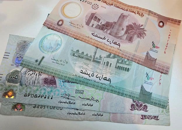 Dirham banknotes of the United Arab Emirates.