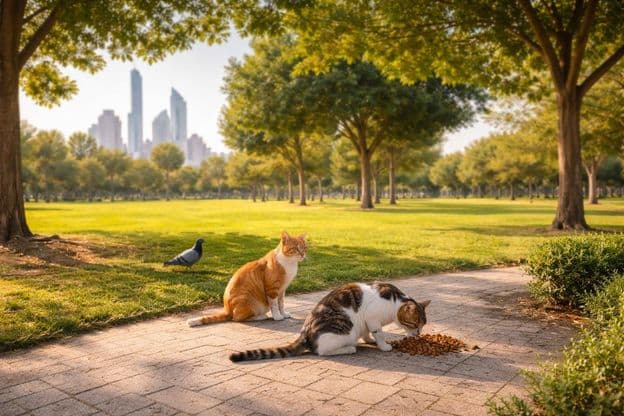 Stray cats eating in a park