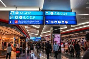 Passengers walking towards departure gates at Dubai International Airport