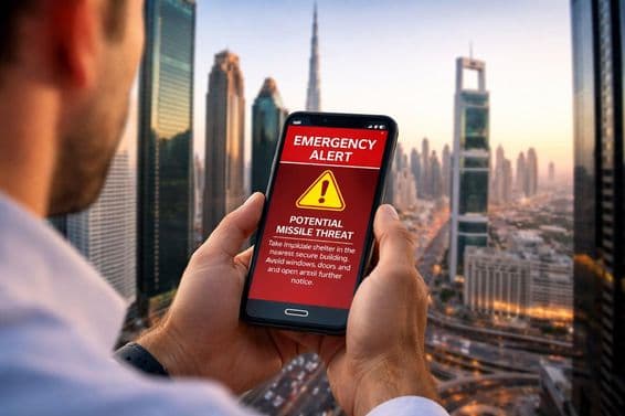 Mobile alert with Dubai in the background