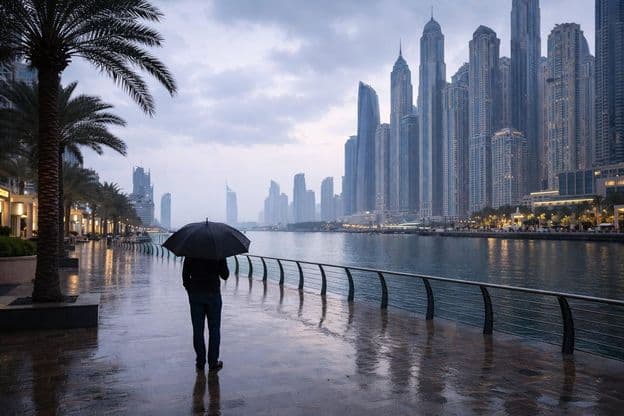 Rainy Dubai marina atmosphere