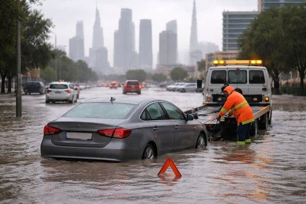 Car on flooded Dubai street