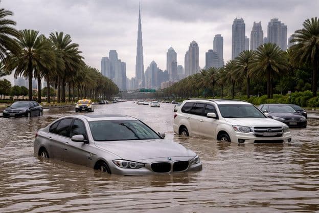 Flooded cars on Dubai streets