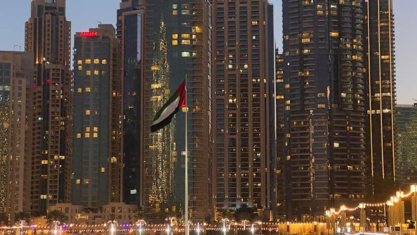 Evening view of the illuminated Dubai Fountain
