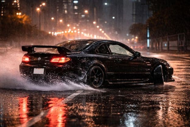 Car drifting in the rain