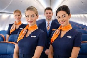 Smiling flight attendants on board