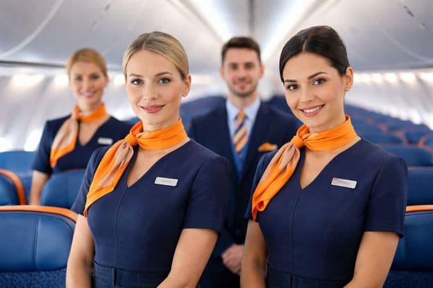 Smiling flight attendants on board