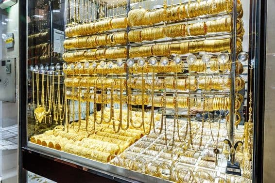 Showcase of a gold shop at the Gold Market in Dubai city