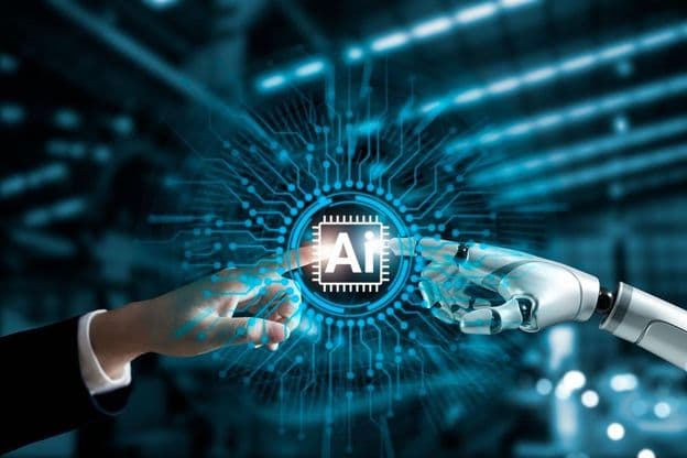 Robot and human hands connecting AI circuit board