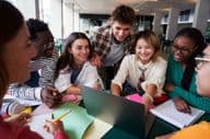 A cheerful, multicultural group of university students