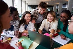 A cheerful, multicultural group of university students
