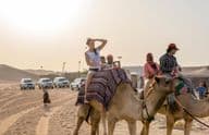 Tourists riding camels in the desert.