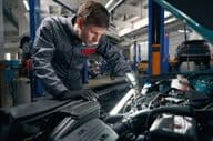 The worker performs a comprehensive technical inspection of the car