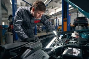 The worker performs a comprehensive technical inspection of the car